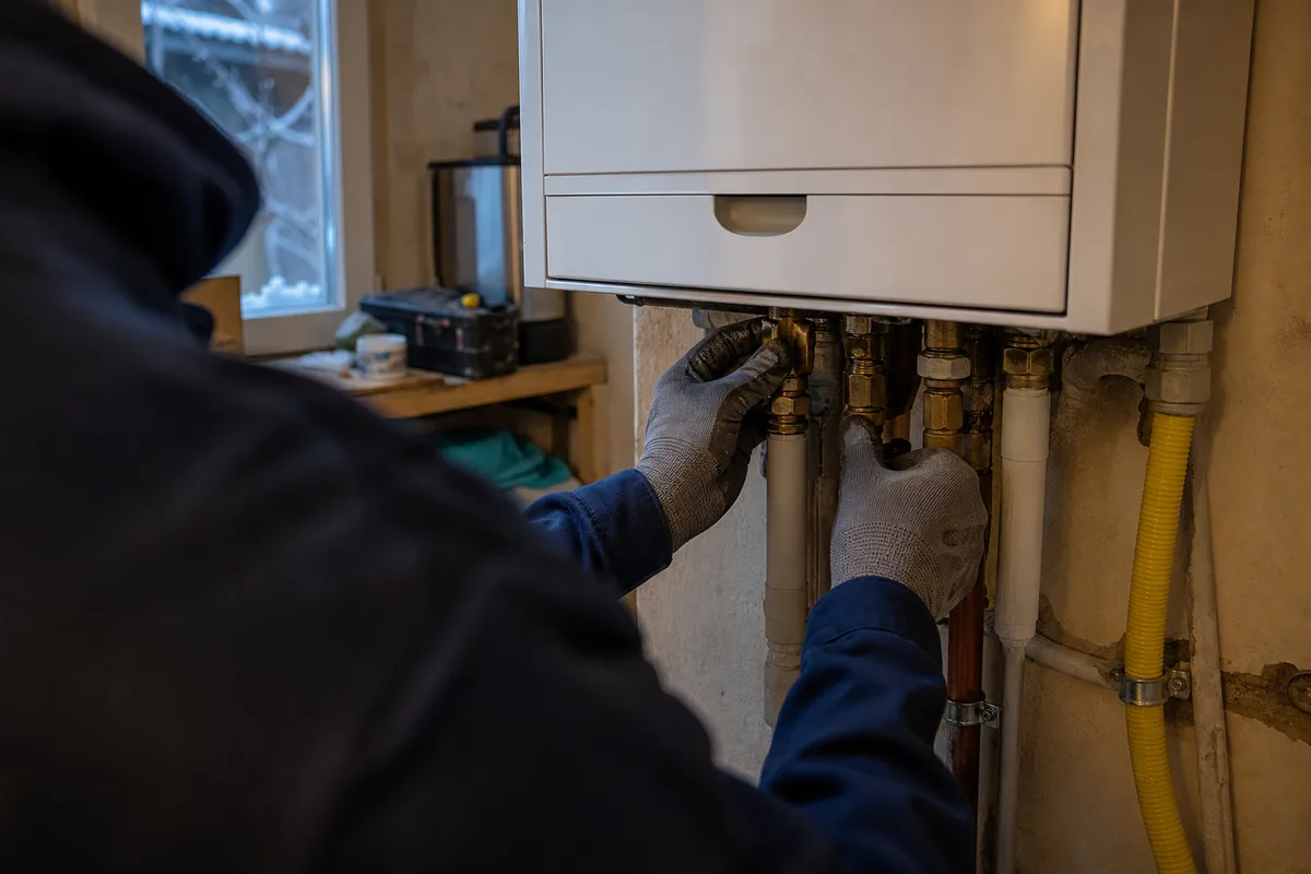 Technicien en chauffage vérifiant une chaudière murale, mains gantées sur les raccords