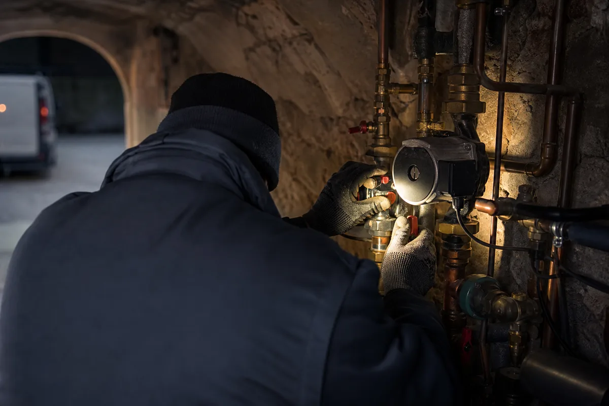 Technicien de dos réglant un circulateur sur une chaudière, cave rurale
