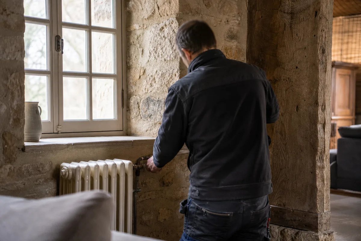 Technicien de dos ajustant une vanne de chauffage central dans une pièce ancienne aux murs en pierre
