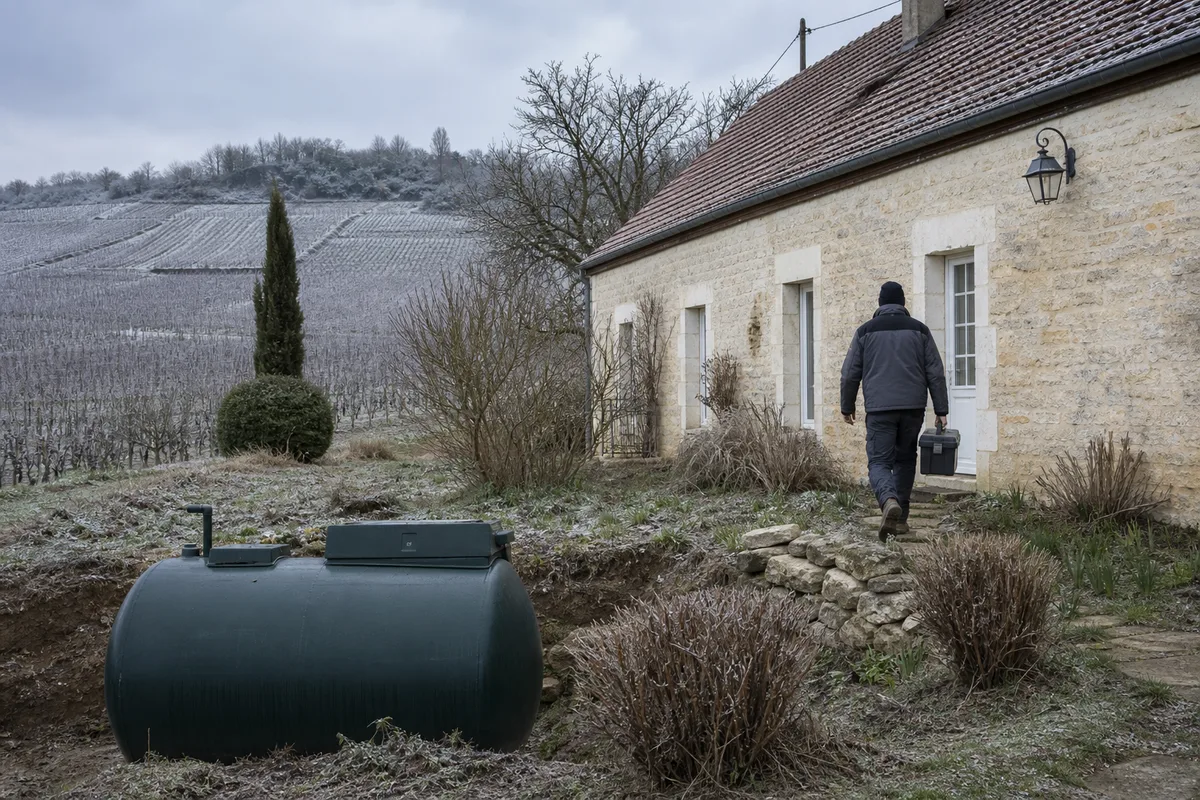 Cuve à fioul et chaudière dans une propriété viticole de l’Yonne