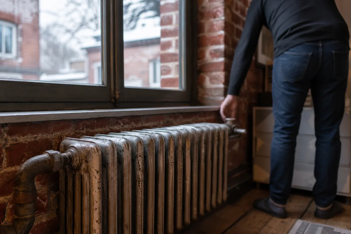 Radiateur en fonte et tuyauterie ancienne dans une maison de brique du Nord