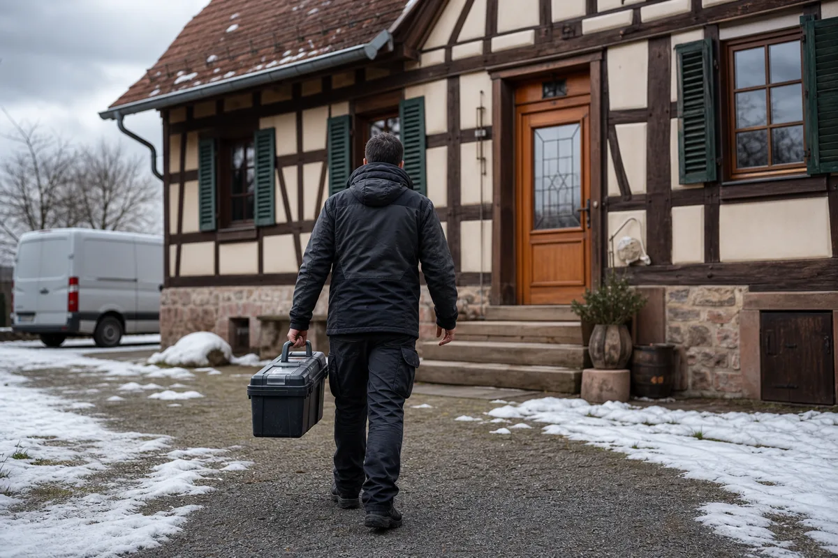 Chauffagiste arrivant pour une intervention en zone rurale alsacienne