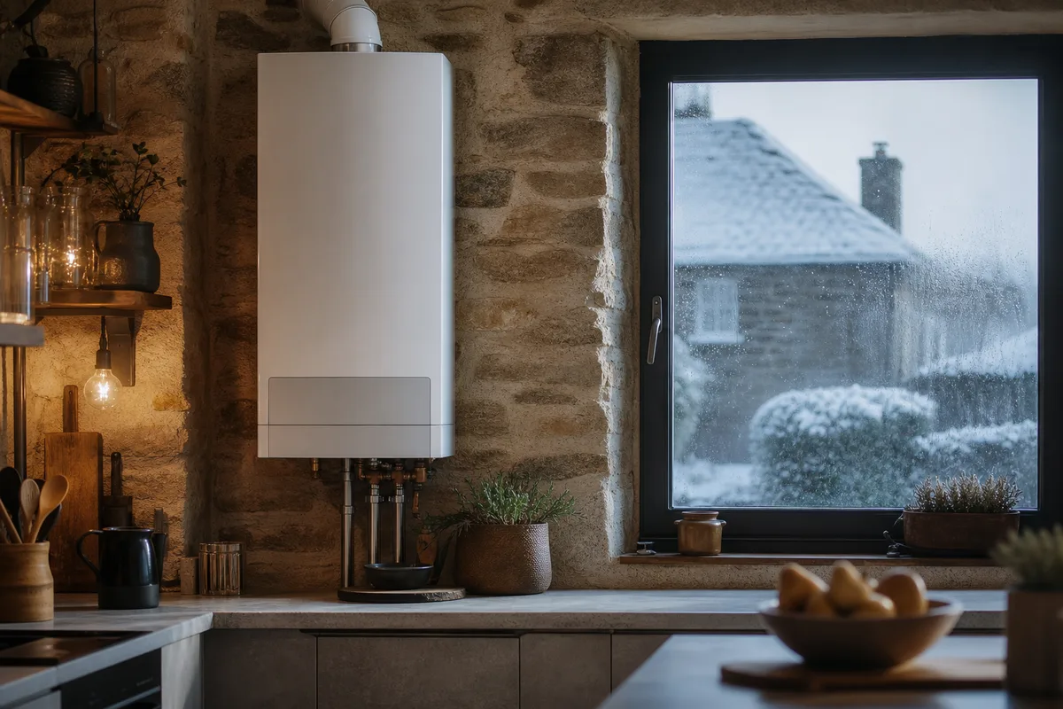 Chaudière murale dans une cuisine de longère bretonne rénovée, lumière du soir