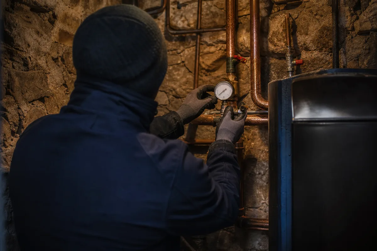 Technicien de dos vérifiant un manomètre dans une chaufferie, mains gantées