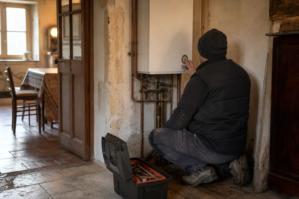 Technicien de dos vérifiant le manomètre d’une chaudière murale dans une maison ancienne du pays d’Othe