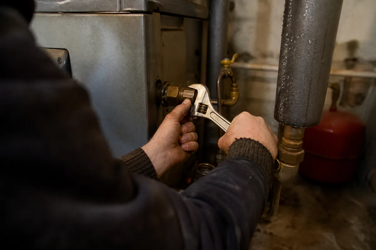 Mains resserrant un raccord de tuyauterie près d’une chaudière dans une chaufferie rurale en hiver