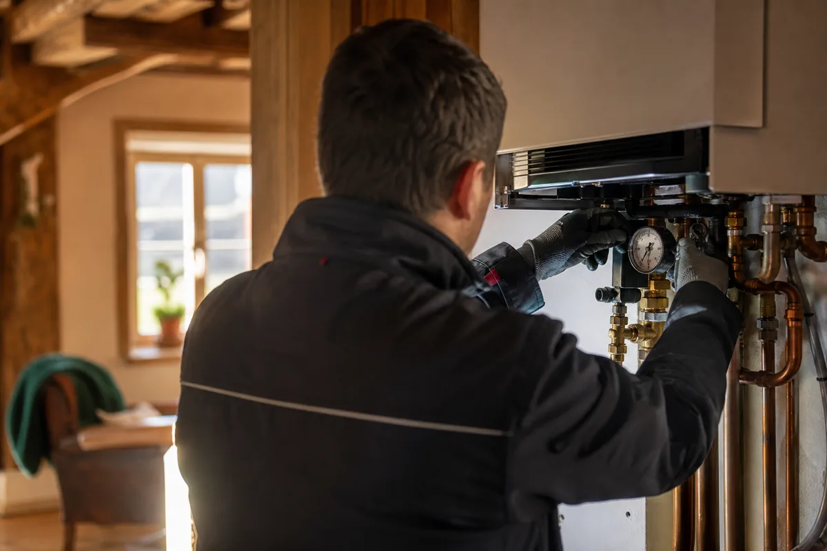 Artisan chauffagiste de dos réglant une chaudière dans une maison ancienne