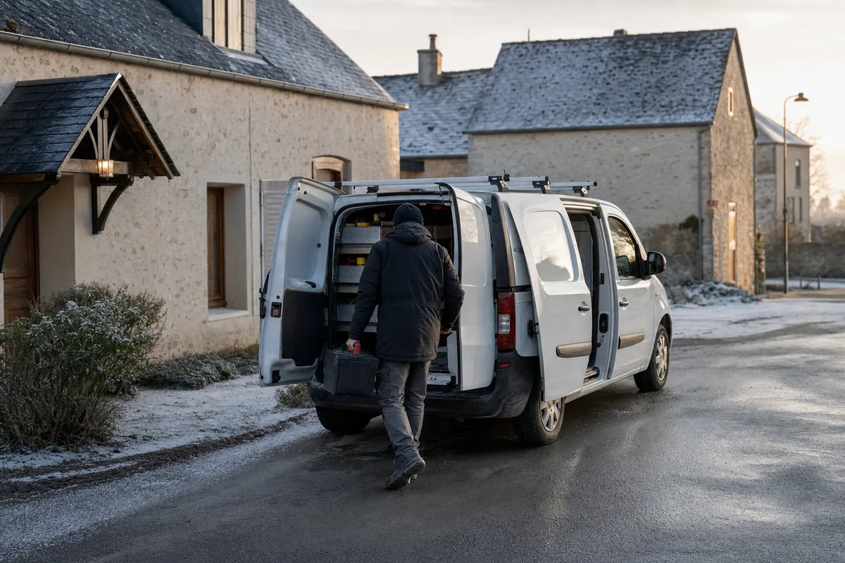 Camionnette de chauffagiste garée devant une maison de village par temps froid