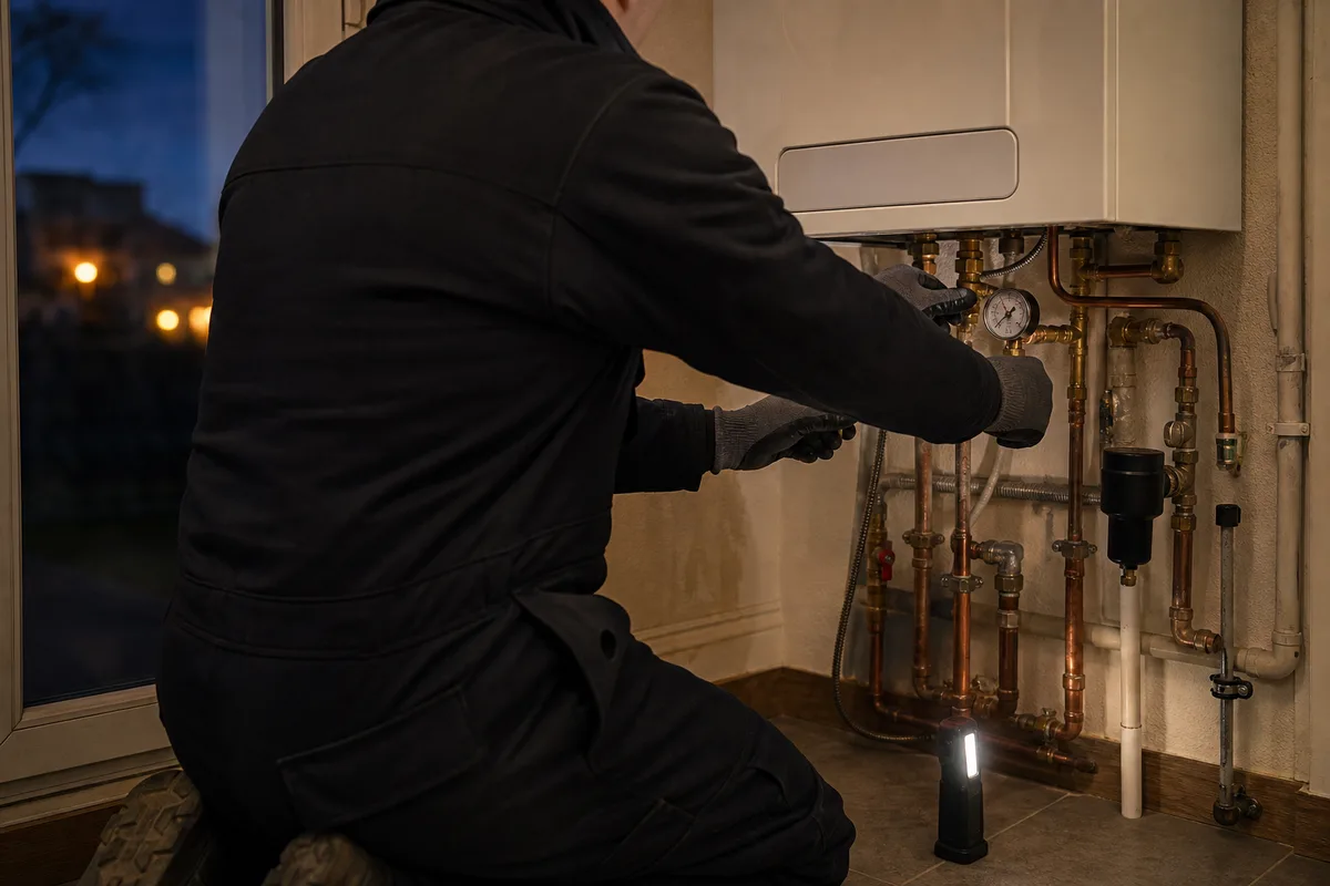 Technicien vérifiant la pression d’une chaudière murale au gaz dans une chaufferie